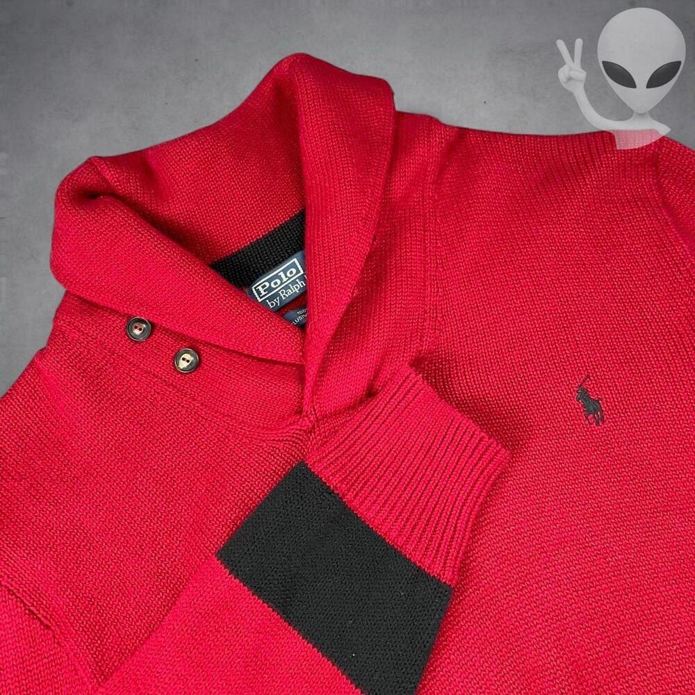 Vintage Polo Ralph Lauren Red Shawl Collar Sweater Black Stripe Medium Preppy - Picture 2 of 8